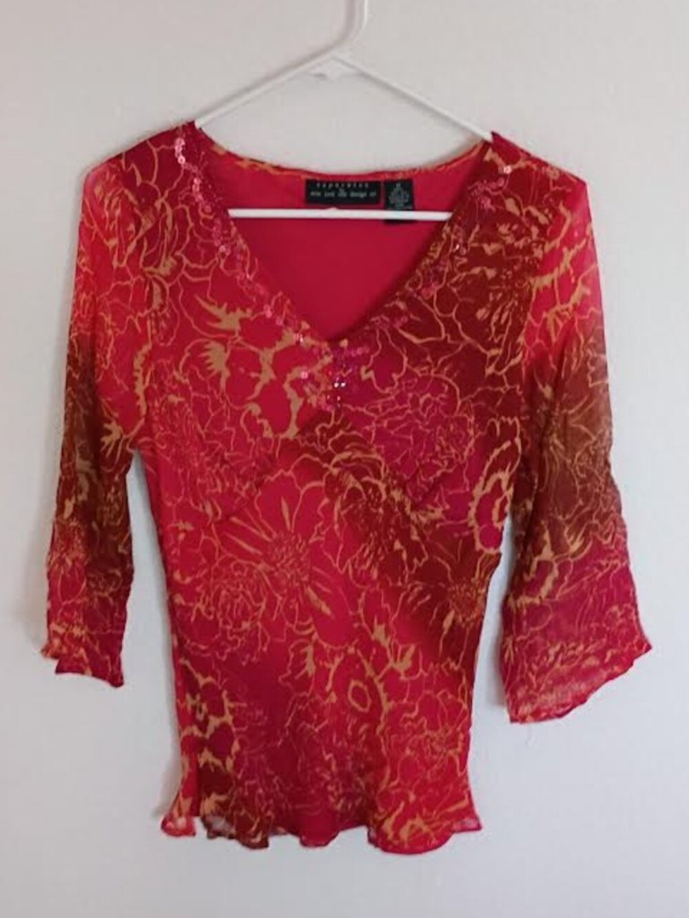 NEW YORK CITY DESIGN CO WOMEN'S TOP LINED 3/4 SLEEVE SILK RUST PINK Y2K SIZE MED